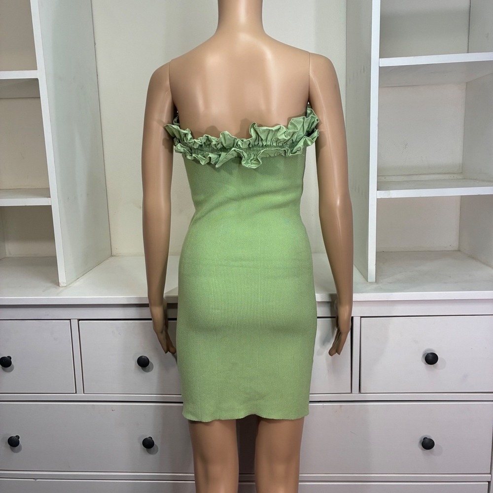 Green Ribbed Knit Strapless Ruffle Trim Mini Dress Womens M - Picture 4 of 6